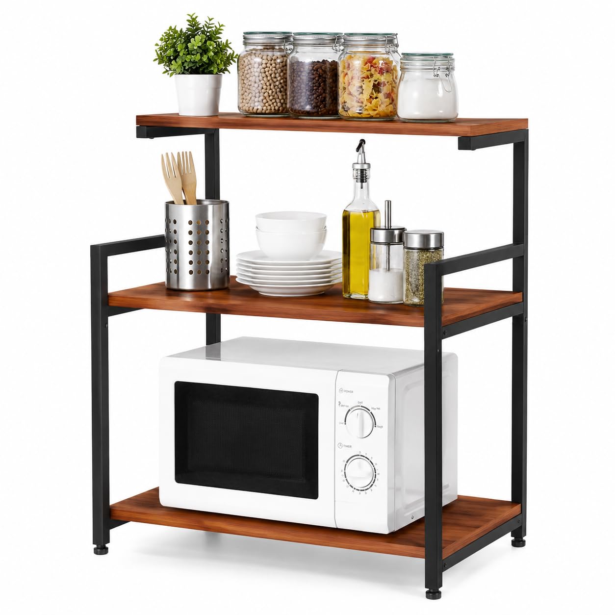 REMANENCE D Series 3-Layer Microwave Stand, OTG Stand, Oven Kitchen Storage Shelf, Counter Top Spice Rack, Multipurpose Rack, Toaster Grill Organizer Stand For Microwave (Walnut Brown, Black Frame)-image-33