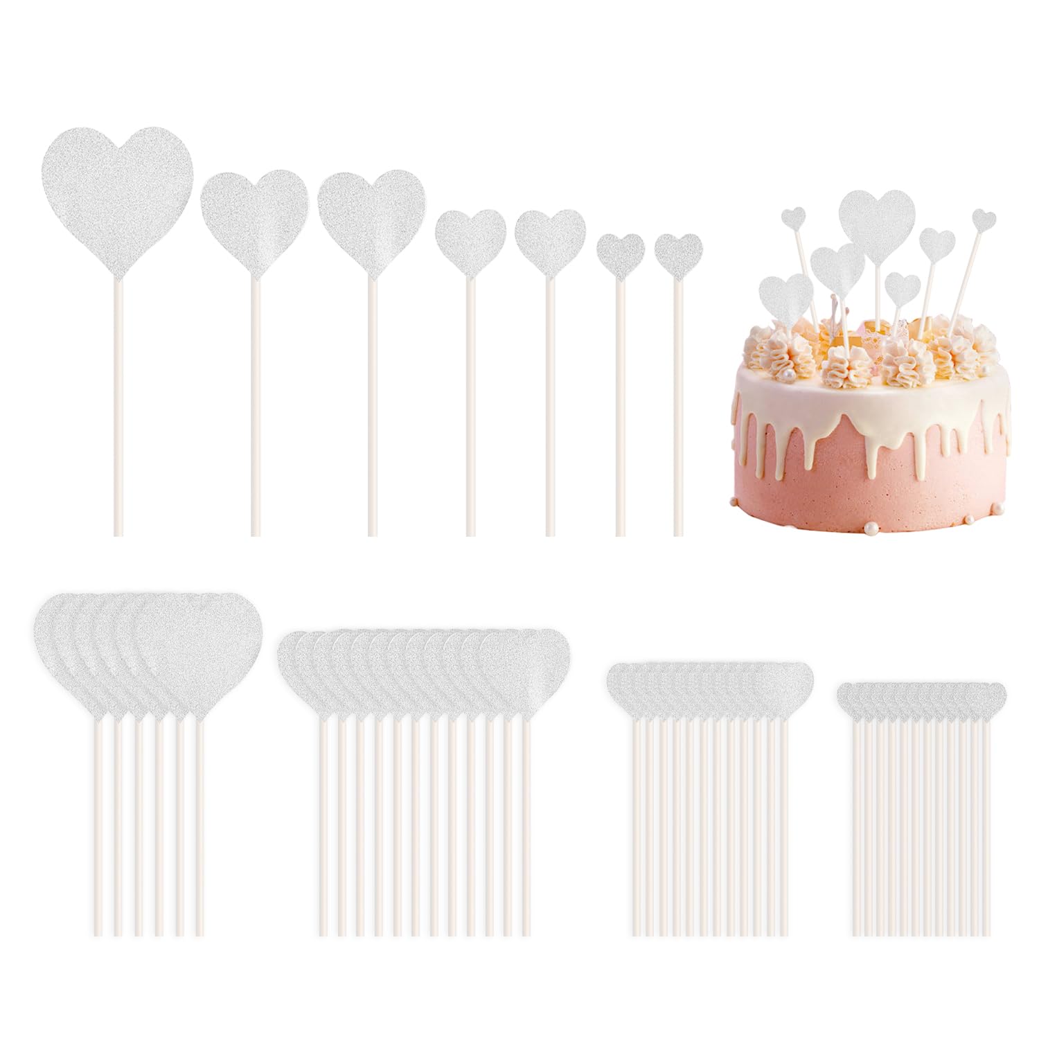 Vehyegoi Silver 49 Pieces Heart Inserts, Cupcake Toppers For Wedding, Muffin Decorations, Heart Shaped Cake Toppers, Cupcake And Muffin Plugs