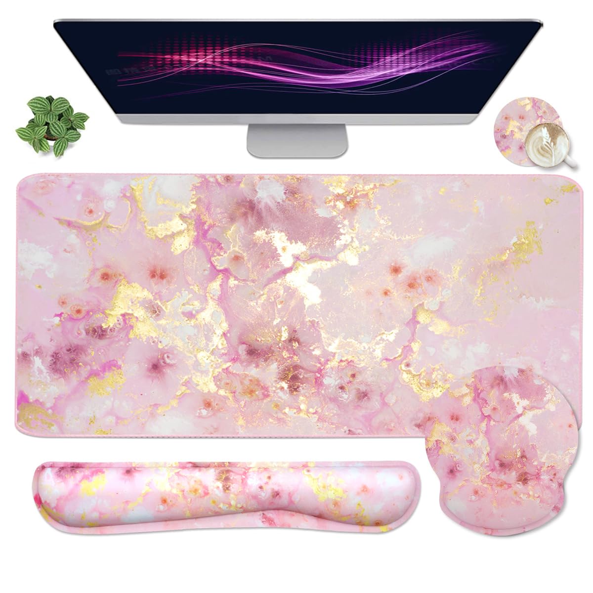 4-in-1 Gaming Mouse Pad Wrist Support Set,Desk Pad + Mouse Pad with Wrist Rest + Keyboard Wrist Rest + Coaster, Ergonomic Design for Home Office Study Game - Pink 4 Pcs Pink