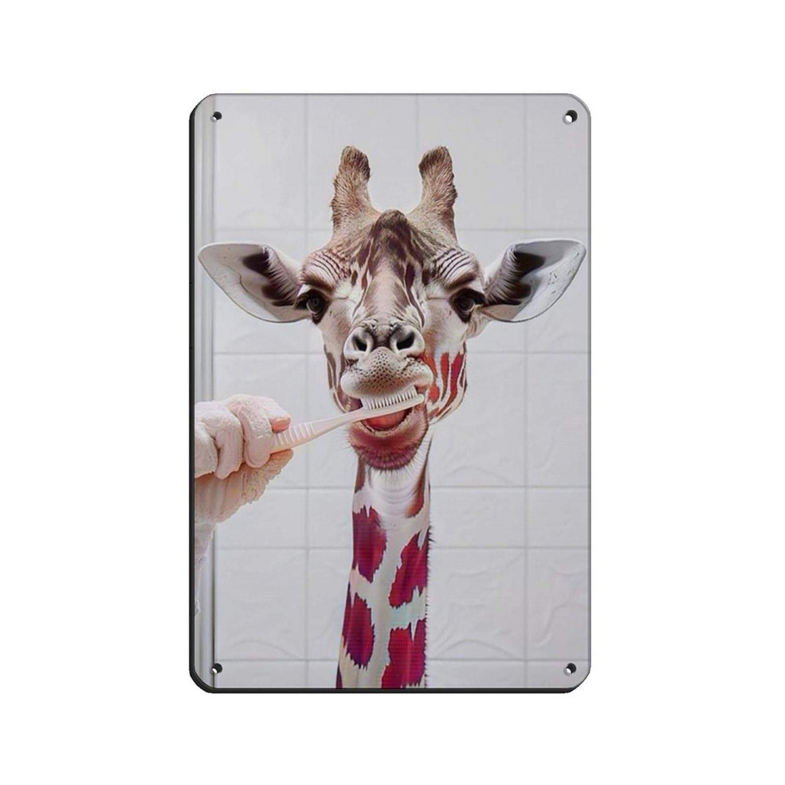 Giraffe Brushing Teeth, Hilarious Bathroom Art Retro Poster Metal Tin Sign Chic Art Retro Iron Painting Bar People Cave Cafe Family Garage Poster Wall Decoration 8x12inch(20x30cm)