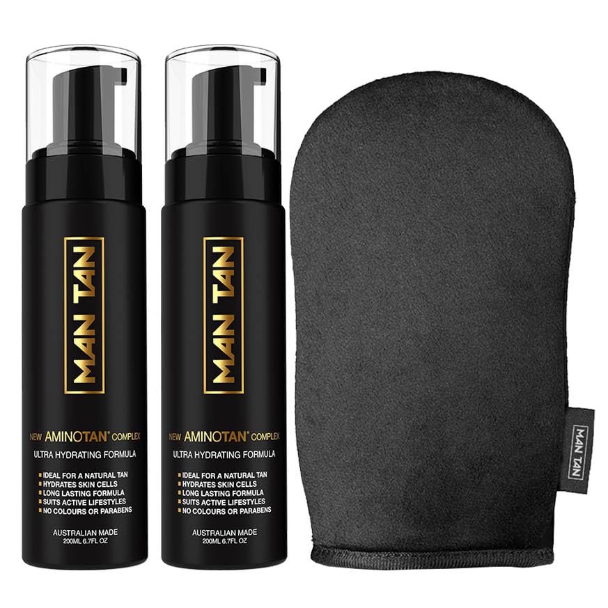 MAN TAN Sunless Tanner Double Pack for MEN | AMINOTAN - The Best Clear Self Tan Mousse For Men Works With Hair + Sweat Proof (2 Bottles & Mitt) - 13.4 fl