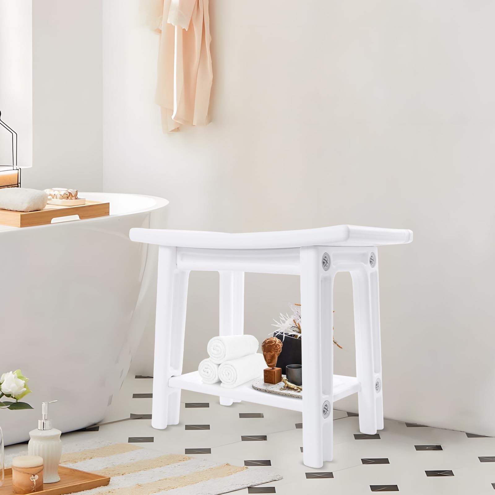 Taburete de ducha de 2 niveles, taburete de baño con soporte para cabezal de ducha, HDPE, taburete de ducha de spa de diseño moderno y ergonómico, color blanco