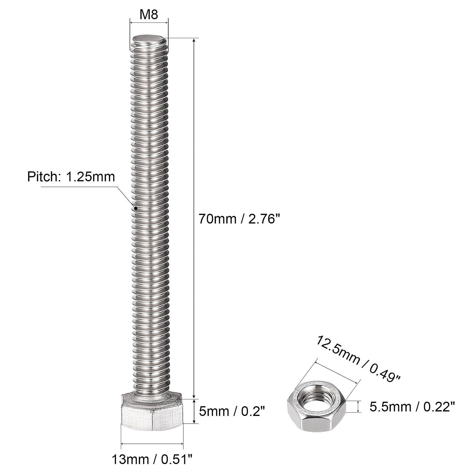 TOP-VIGOR 6Pcs M8 x 70mm Hex Head Screws Bolts, Nuts, Flat & Lock Washers Kits - Image 2