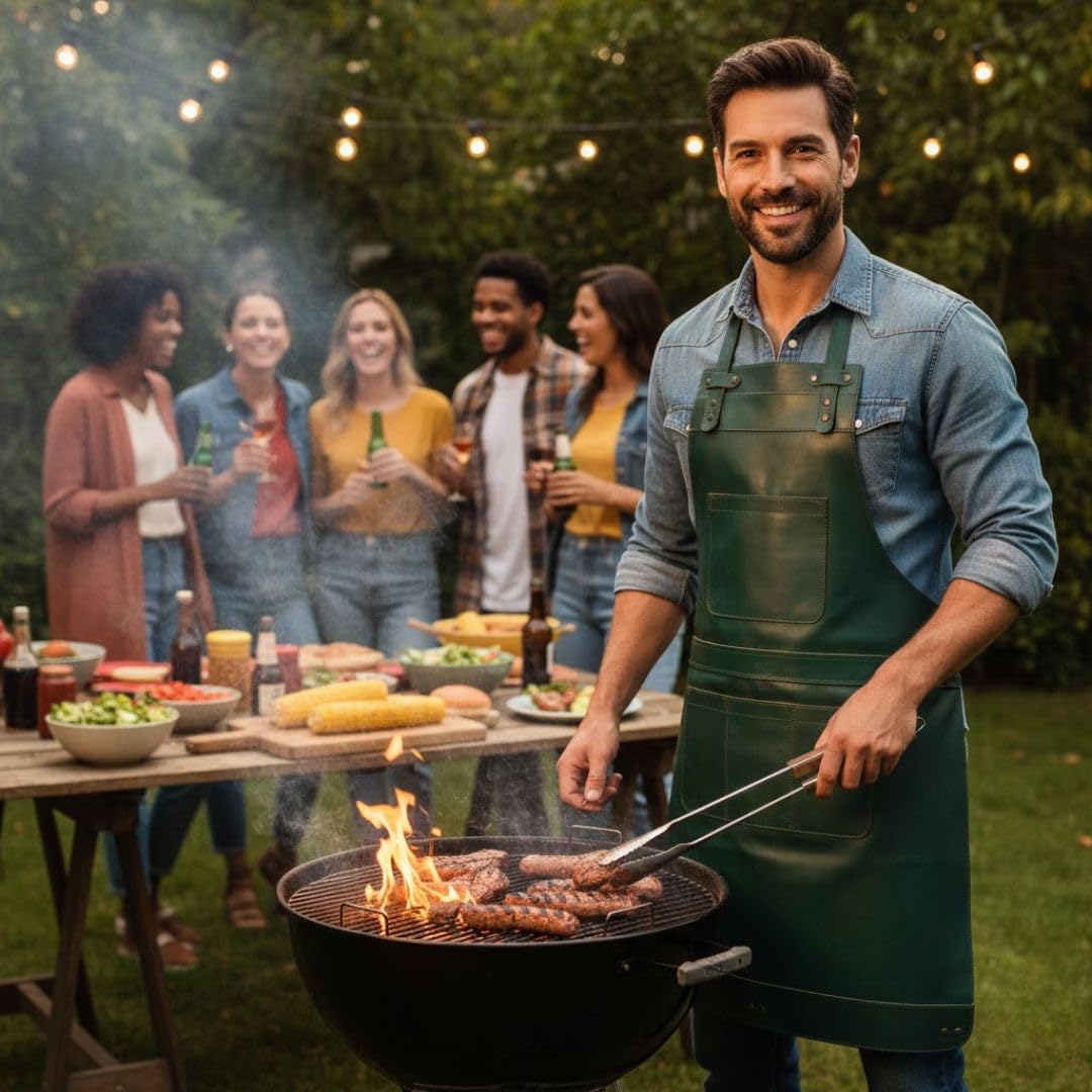 Delantal verde de cuero de grano completo, delantal de carnicero, delantal de cocina, delantal de cocina, delantal de trabajo de madera, delantal de cheff, regalo de parrilla para barbacoa, delantal