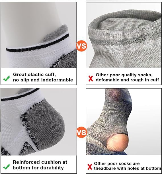 JOYNÉE 6 Pairs Mens Ankle Running Socks Men Low Cut Athletic Socks with Cushion,White,Sock Size:10-133