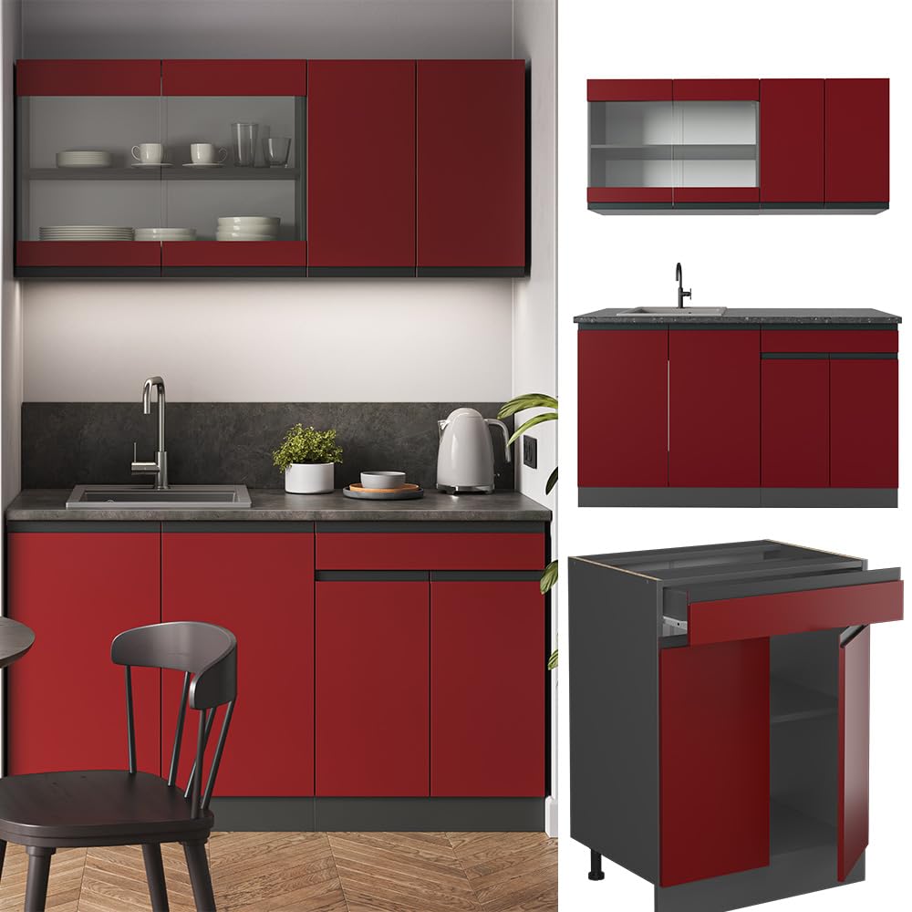 Vicco Singleküche R-Line, Rot/Anthrazit, 140 cm J-Shape, geeignet für Flexible Küchenanordnung und Erweiterungsmodule