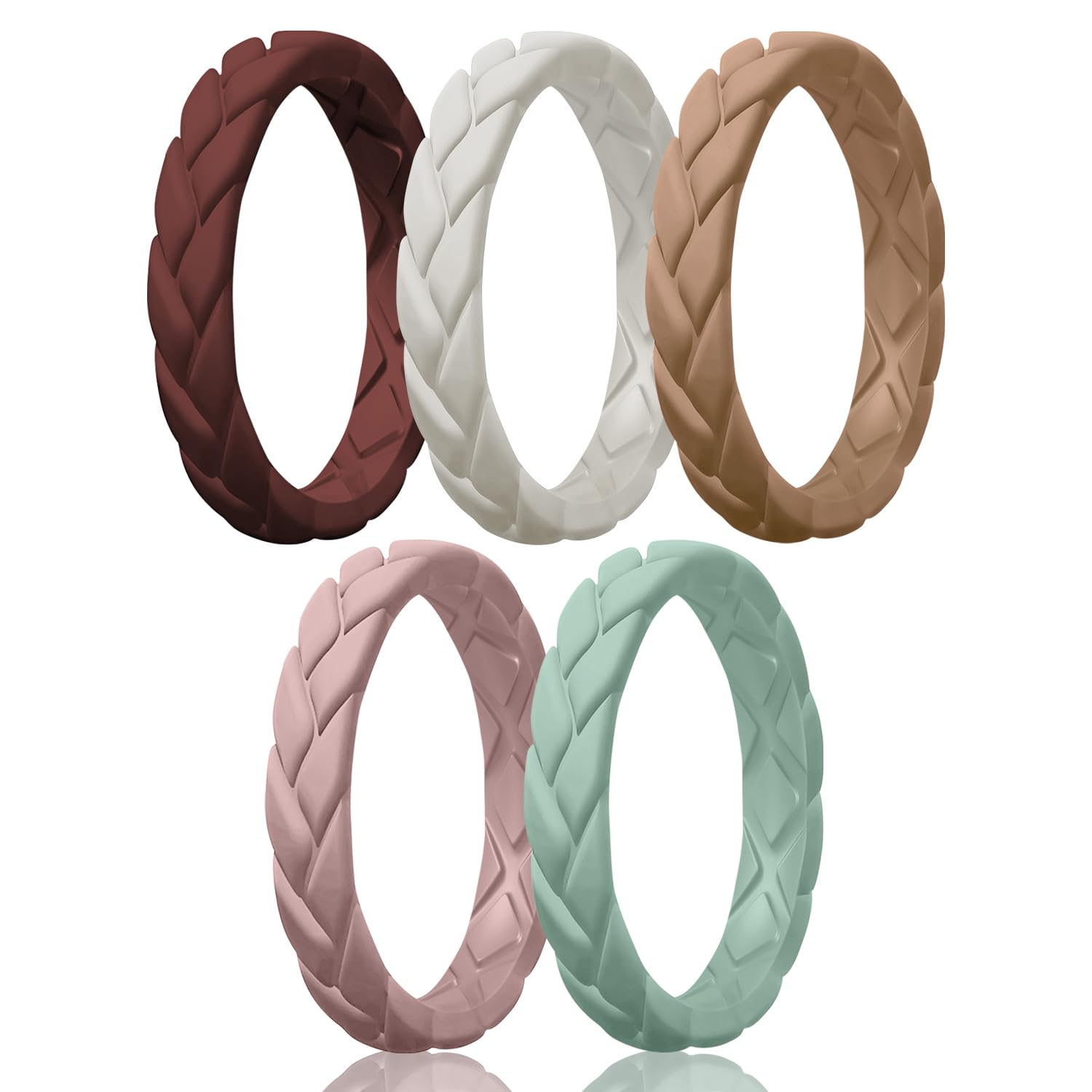 Women's Silicone Stackable Rings 3.5mm Wide 2mm Thick, Rubber Flexible Hypoallergenic Wedding Bands For Workout Leaf Braided Fashion