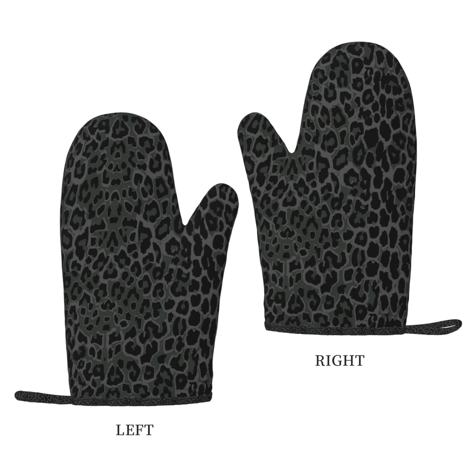 Juego de Cuatro Piezas de Guantes y Manoplas Resistentes al Calor para Hornear, Guantes de Cocina Antideslizantes, Manoplas para Horno, Estampado de Leopardo Negro sin Costuras.