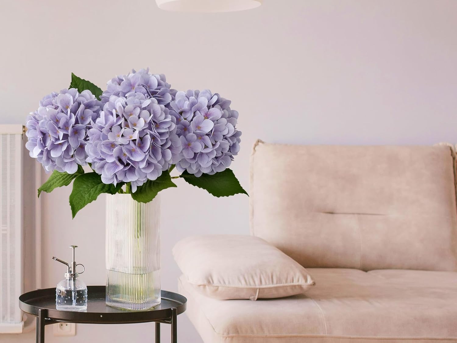 Pale Purple Hydrangea Artificial Flowers, 19.6" 4PCS Fake Real Touch Large Faux Hydrangea Silk Bouquet with Green Stems Leaves Plant Outdoor Indoor Family Table Office Decoration - Image 9