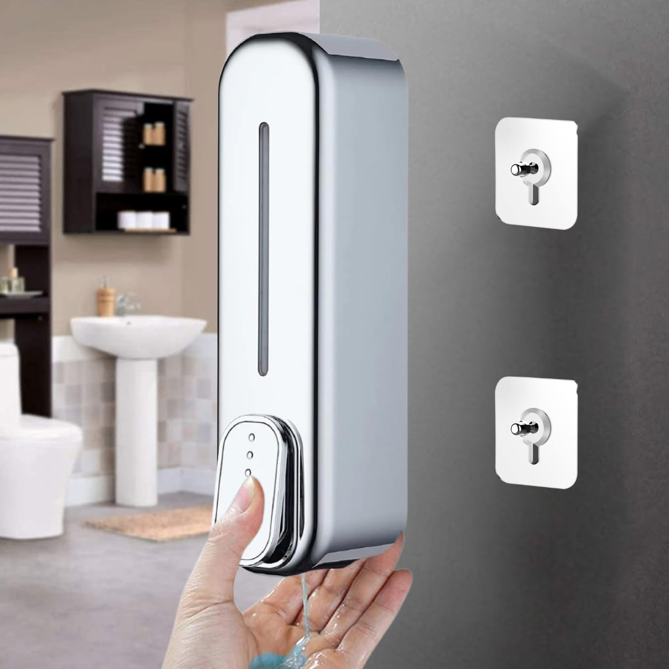Premium Self Adhesive (no Drill) ABS Cylindrical Soap Dispenser, Leak-Free for Hand Wash,Shampoo, Gel Dispenser for Bathroom/Basin/Kitchen Sink with Magic Sticker and Screw Set (Silver) (1)-image-43