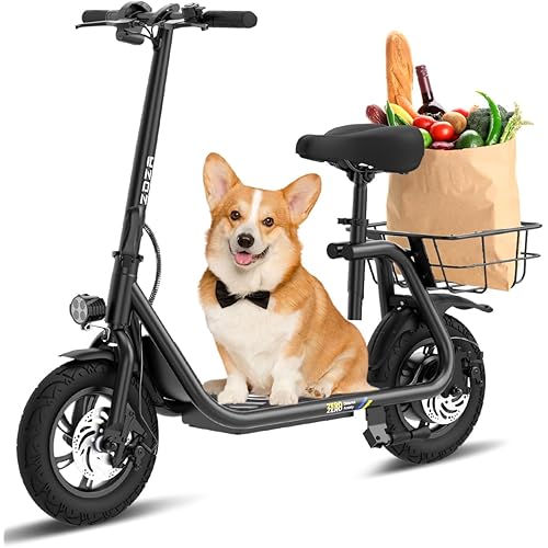 Electric Scooter with Seat ZD06, 800W Peak Motor, 20 Mile Range & 15.5 Mph, Key Start, Foldable E-Scooter with Carry Basket for Pets & Cargo, Electrically-Powered Motor Scooters