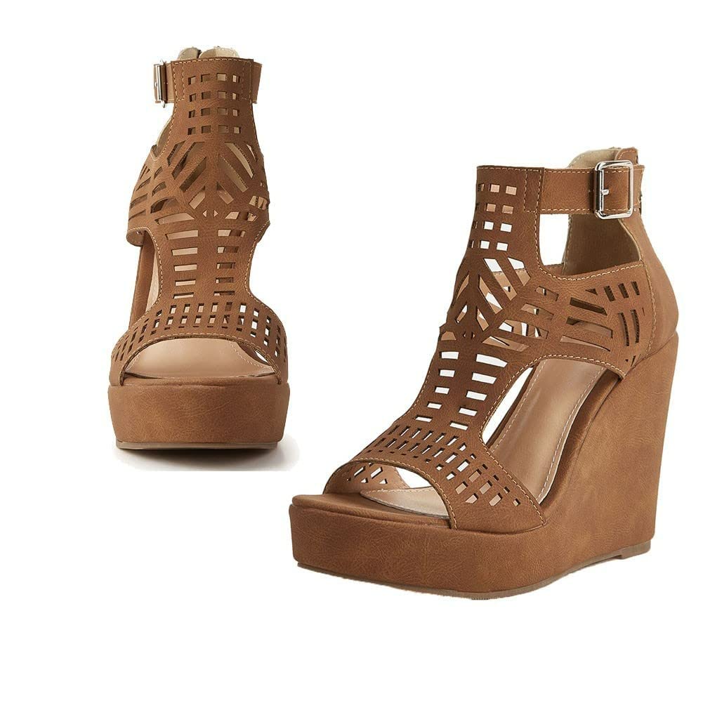 AOSPHIRAYLIAN Wedge Sandals for Women Open Toe Cutout Platform Bohemian Sandals High Heel Buckle Ankle Strap Comfy Summer Sandals: 7.5 Brown