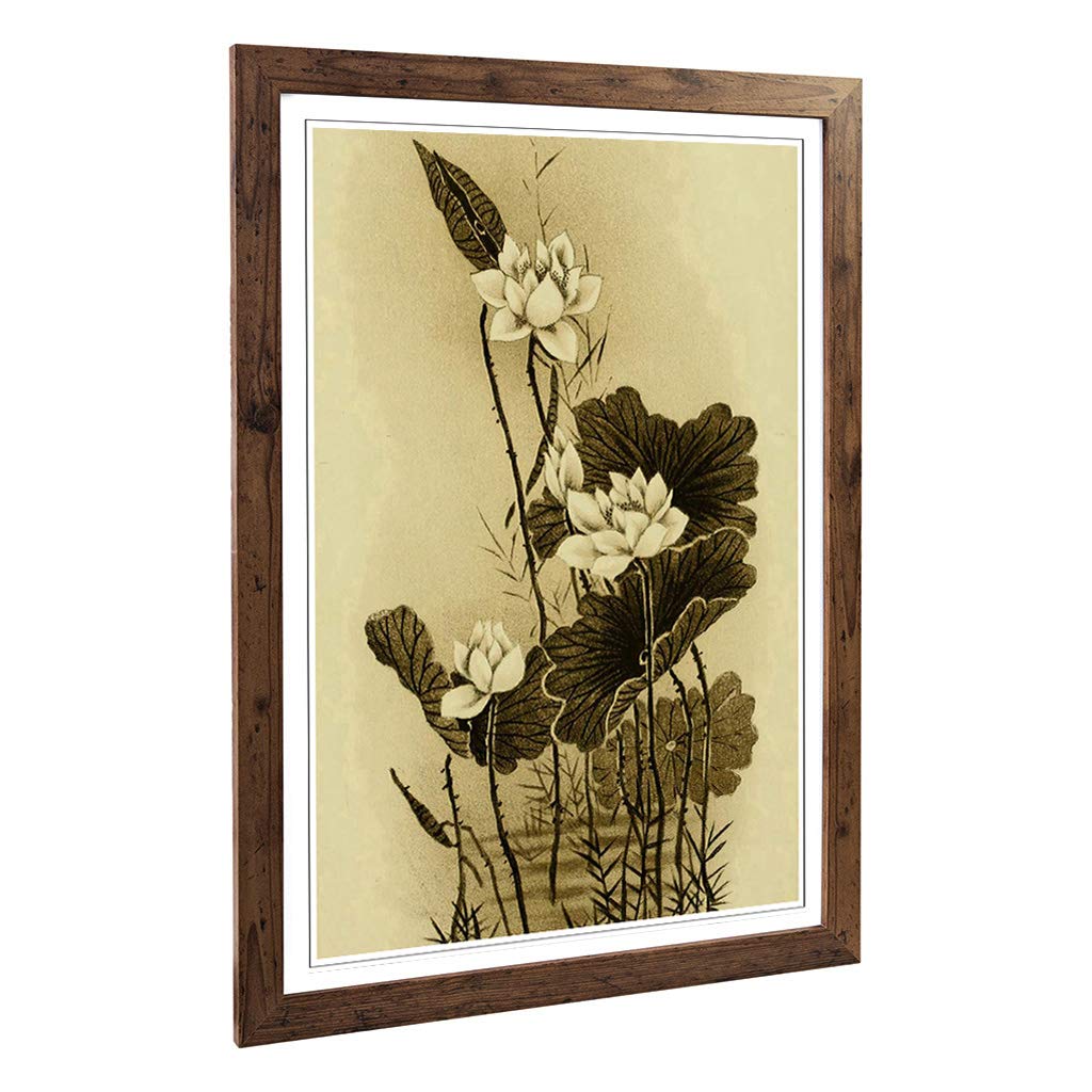 Big Box Art Framed Print of The Lotus Japanese Oriental Design | Wall Art Picture | Home Decor for Kitchen, Living Room, Bedroom, Hallway, Walnut, A2 / 24.5x18 Inch / 62x45cm