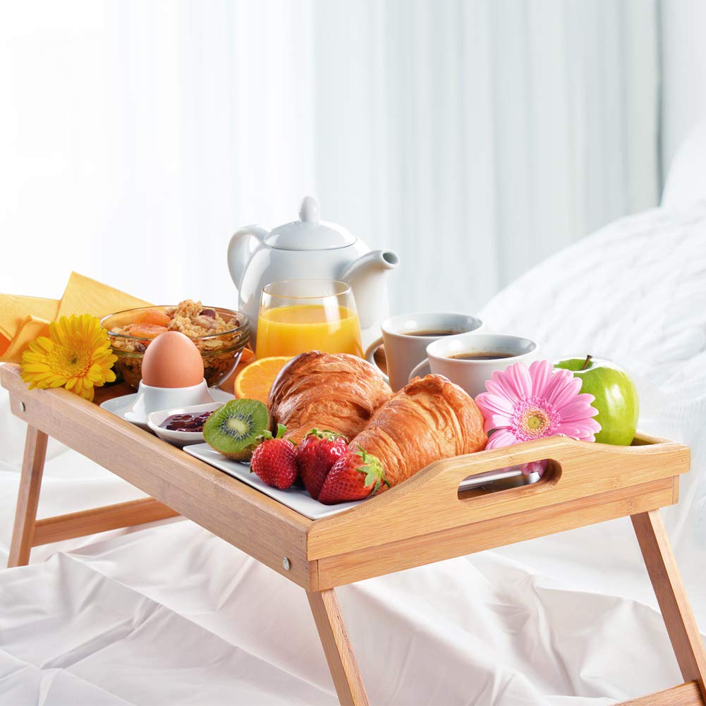Plateau de lit pliable en bambou avec poignées, plateau de service portable pour petit déjeuner au lit ou ordinateur portable, idéal pour la maison et le bureau, 63 x 27,3 x 22,5 cm