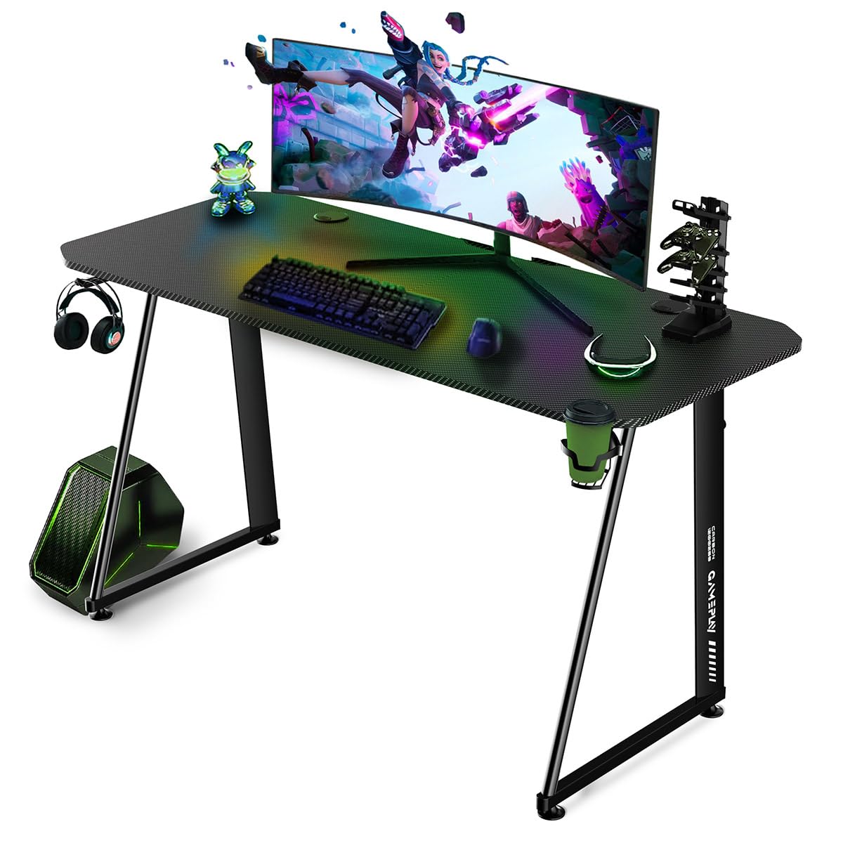 Mc Haus Gameplay Carbon Black - Mesa Gaming Desk, Escritorio Gamer ergonómico, Mesa de Juegos para Ordenador, Estructura de Acero, Negro