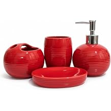 4Pcs Red Bathroom Accessories, Modern Ceramic Bathroom Accessories Set Includes Soap Dispenser, Toothbrush Holder, Tumbler and Soap Dish for Home Apartment Red, Ceramic Bath