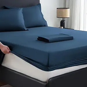 MEISHANG Extra Deep Pocket King Sheets Cotton - 1000 Thread Count Sheets - Fits 18"-24" in Deep Mattress,100% Egyptian Cotton,Sateen Weave, Soft & Breathable - 4 Piece (King, Navy)