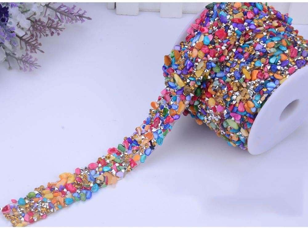 Crystal Rhinestone Trim Hotfix Ribbon Colorful Artificial Gem Stone Beaded Iron On Applique Chain Embellishment Sewing Accessories by EORTA for DIY Wedding Bridal Dress Shoes Phone Decor, 2 cm Width