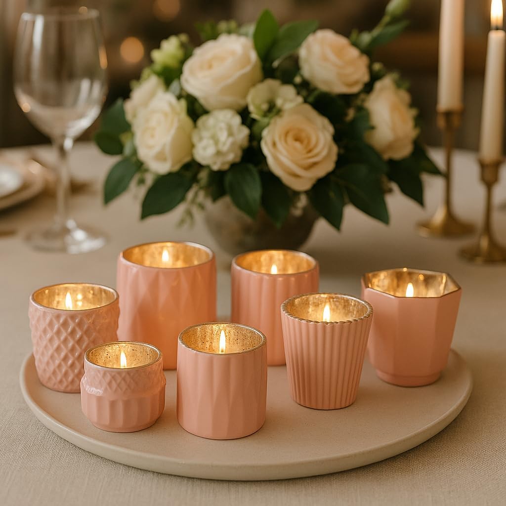 Koyal Wholesale Blush Pink Mercury Glass Votive Candle Holders Set 6 Piece, Pink Vintage Glass Tealight Holders for Weddings, Parties & Table Decor, Small Decorative Candle Cups