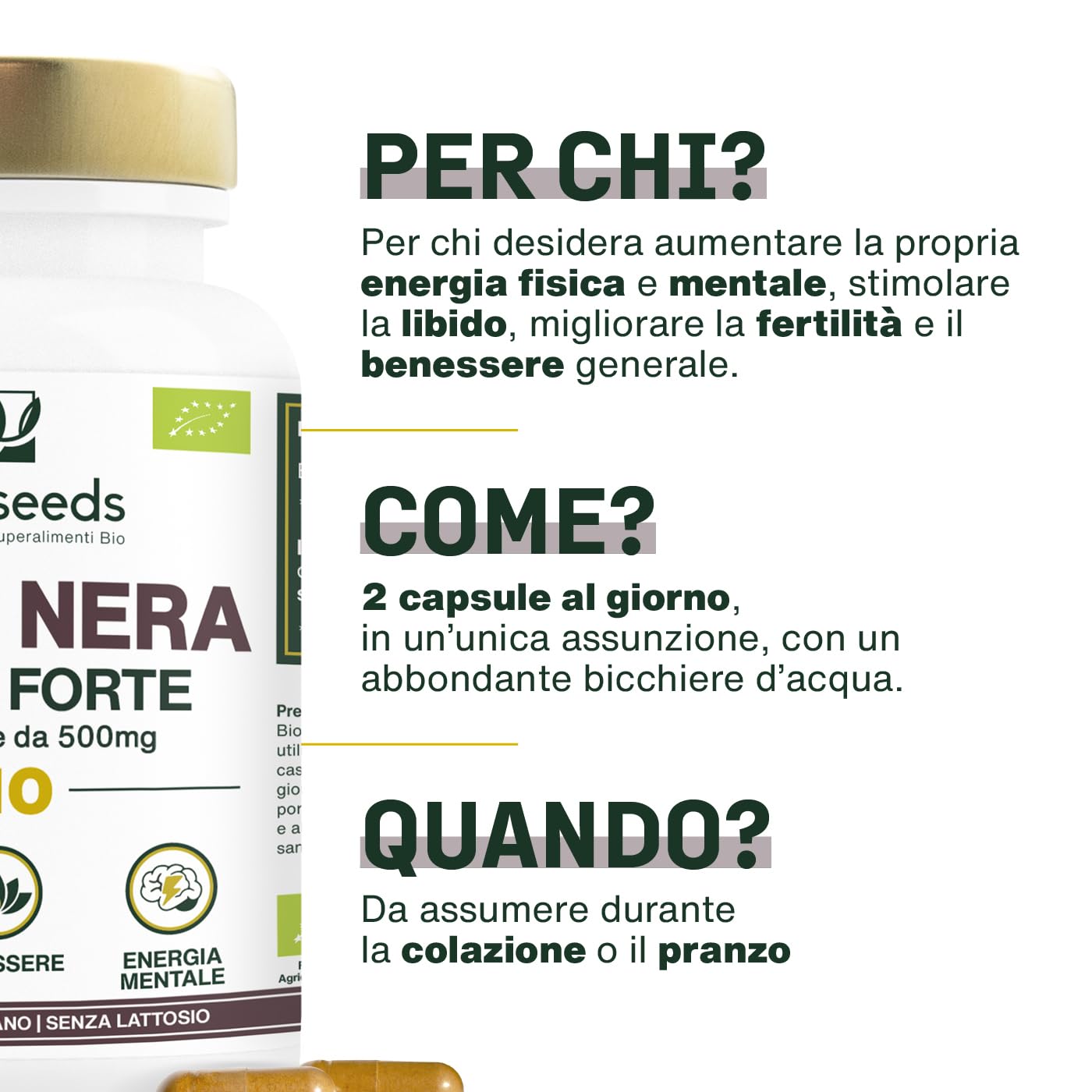 Maca Peruviana Nera BIO, 10 000mg al giorno | Estratto di radice di Qualità superiore | Equilibrio Ormonale, Energia, Benessere, | 120 Maca Capsule Vegane