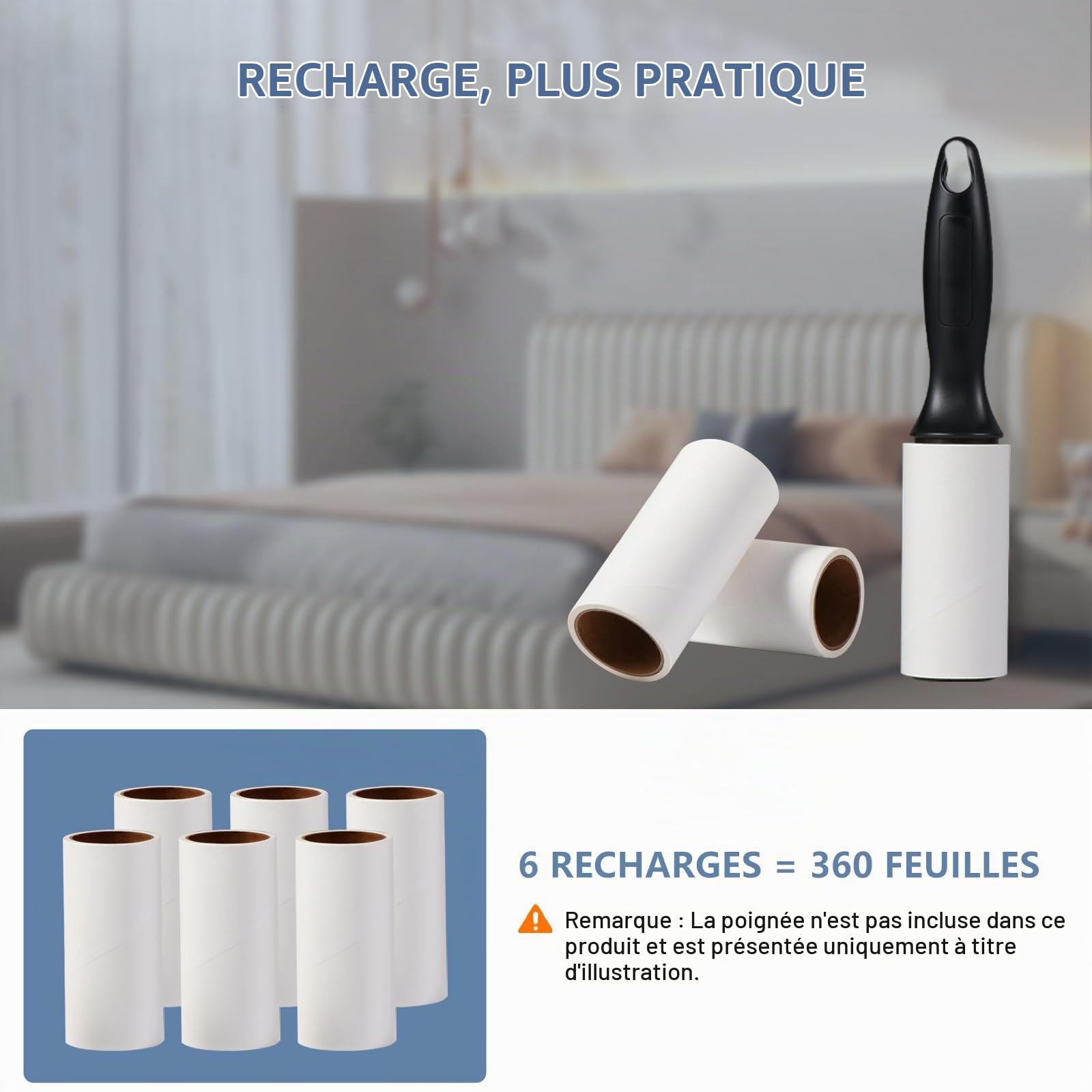 Vinabo Rouleau Adhesif Vetement Recharges 6 Rouleaux,Total 360 Feuilles Rouleau Poils Animaux très Collant,Recharge Brosse Anti Poils Animaux pour Vêtements,Lit,Tapis,Poils d'animaux Chats/Chiens