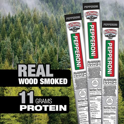 Image of Old Trapper Pepperoni Sticks, 1.2-Ounce Individually Wrapped Packages, Natural Wood Smoked Meat Snacks, 11 Grams of Protein per Serving (Pack of 24)