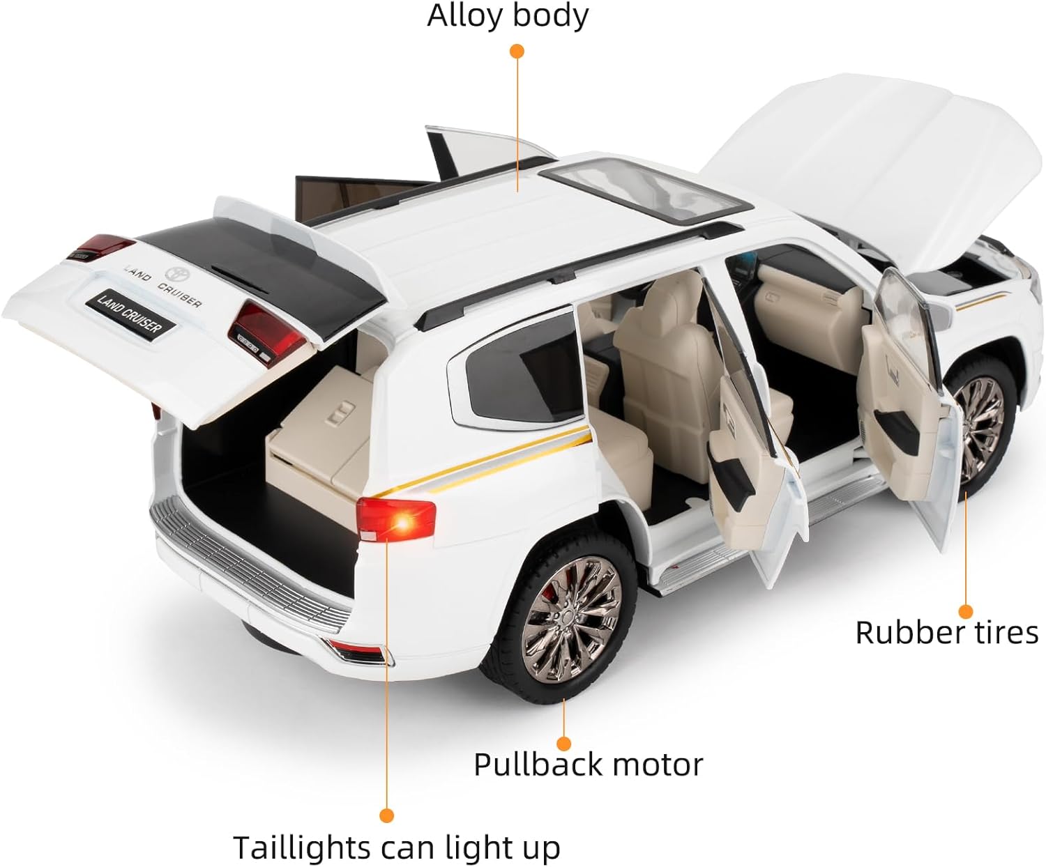 Compatible for 1:18 Scale Collectible Landcruiser LC300 Diecast Model Car, Zinc Alloy Pull Back Toy Car Vehicle with Lights and Sounds for Decoration Adult Boys Girls（White）