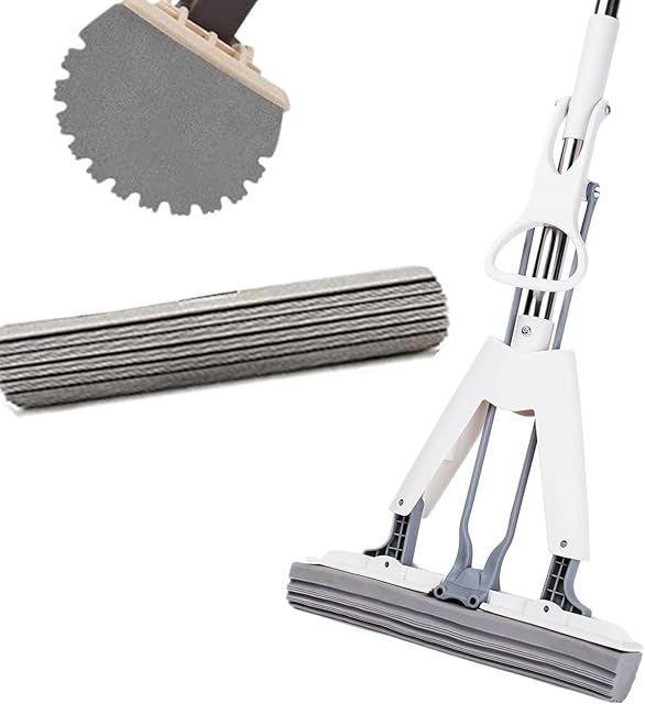 bangminda Sponge Mop with 2 Super Absorption Sponge Head, Absorbent PVA Sponge with Telescopic Stainless Steel Handle, Floor Mop for Kitchen Bathroom
