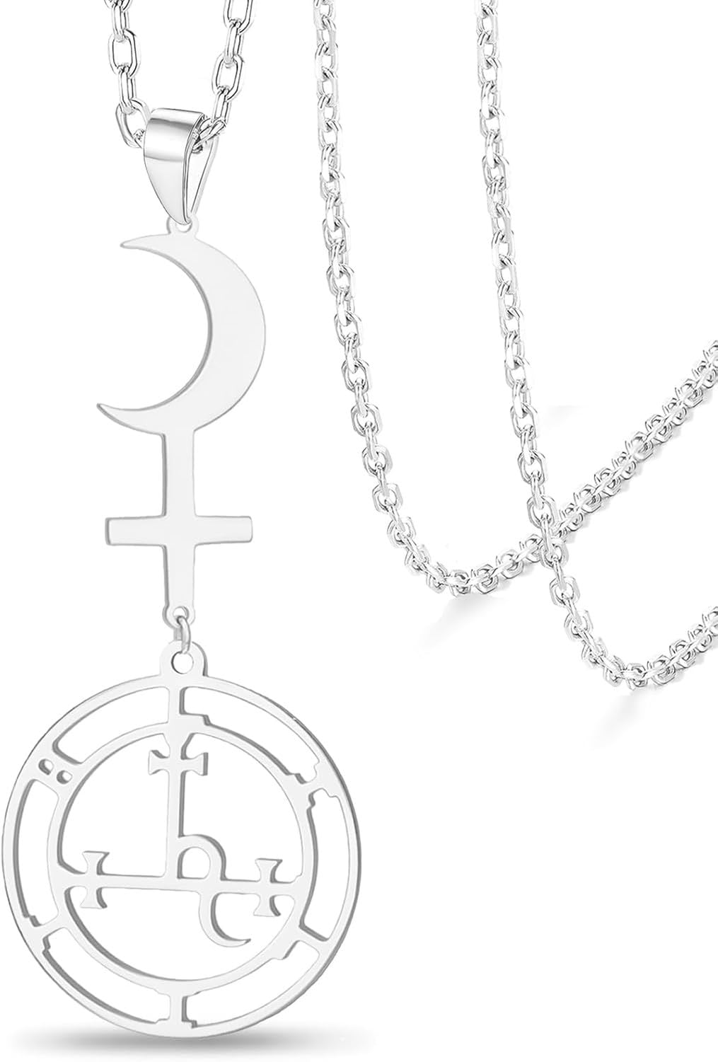 DAEFAG Sigil of Lilith Crescent Moon Witchcraft Pendant Necklace Double Protection for Black Moon Goddess Symbol Amulet Gothic Astrology Cross Pendant Witch Pagan Jewe, Silver2