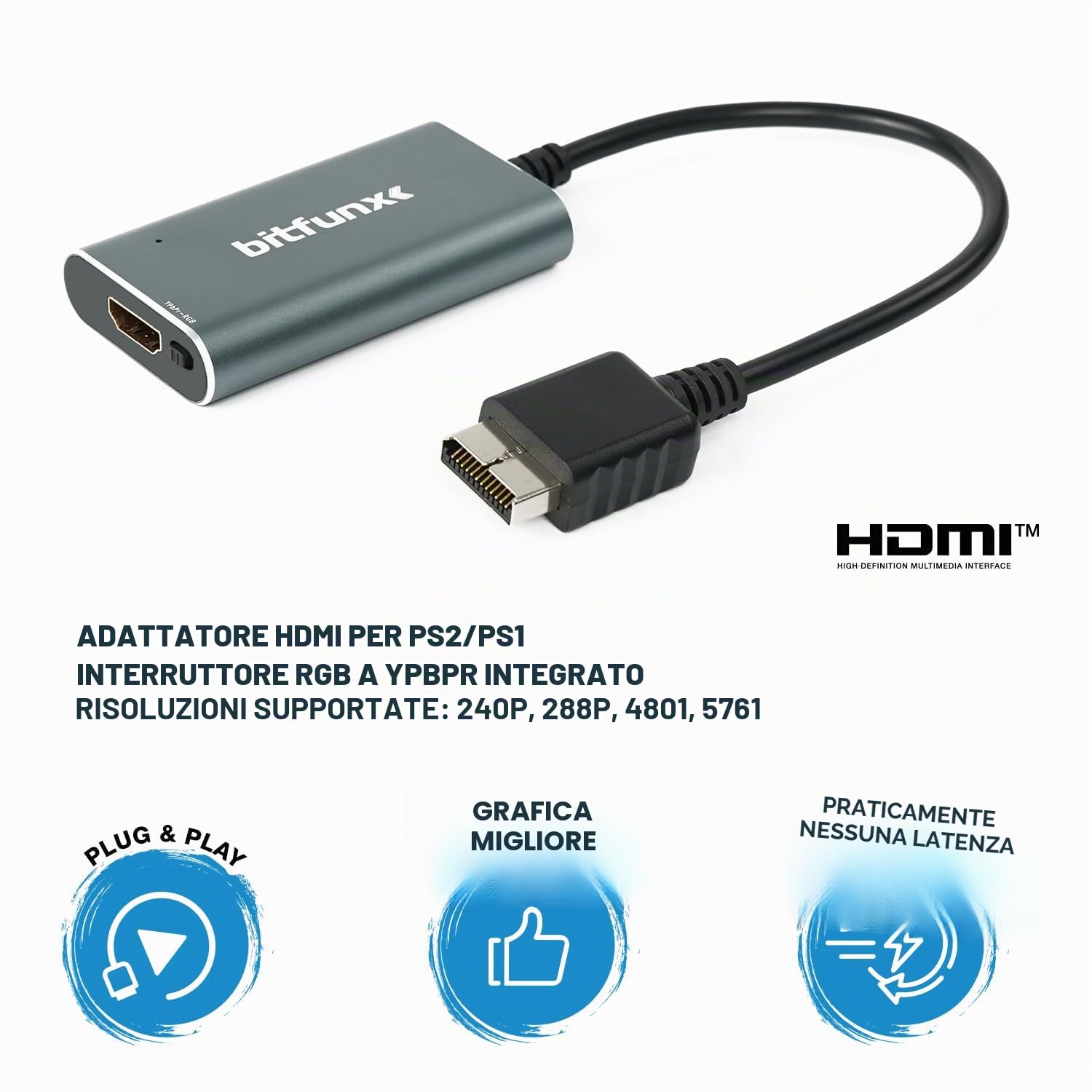 BITFUNX Adattatore HDMI per PS2/PS1/PS One, interruttore RGB integrato a componente, supporta RGB/Component a HDMI 1080P, adattatore per videogiochi Plug & Play