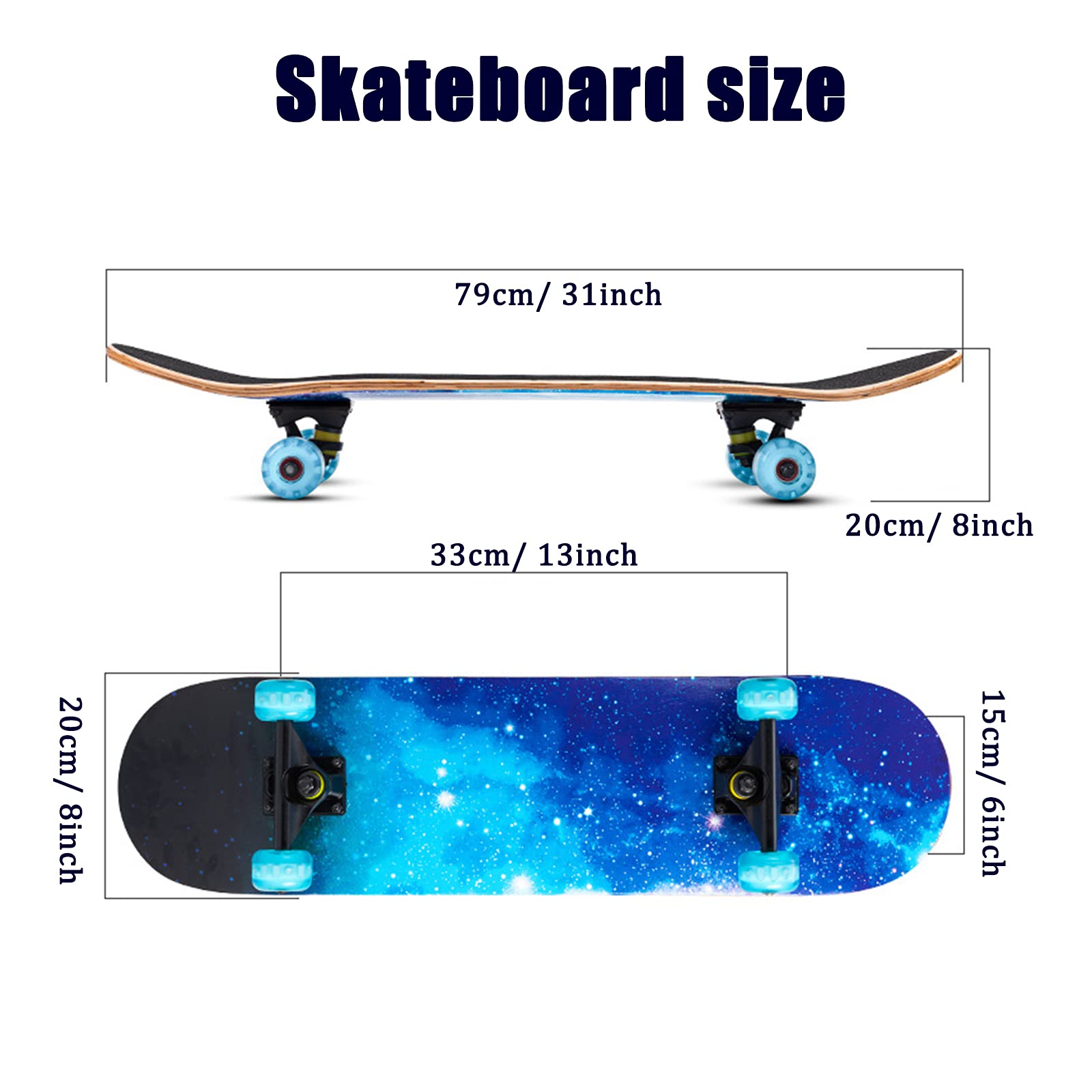 Planches à roulettes Complètes de 31", Skateboards en Bois D'érable à 7 Couches à Double Coup de Pied avec Roues Clignotantes en PU pour Filles Garçons Enfants Adolescents Adultes