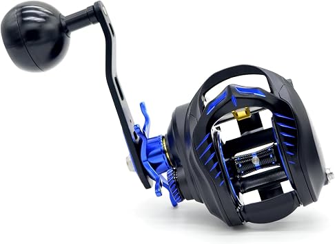 Sea Cobra 400 Baitcast Fishing Reel, High Line Capacity, 63.1 Gear Ratio,35 LBs of Smooth Drag Power, One-Piece Aluminum Frame, Carbon Fiber Side Covers with On/Off Drag Clicker
