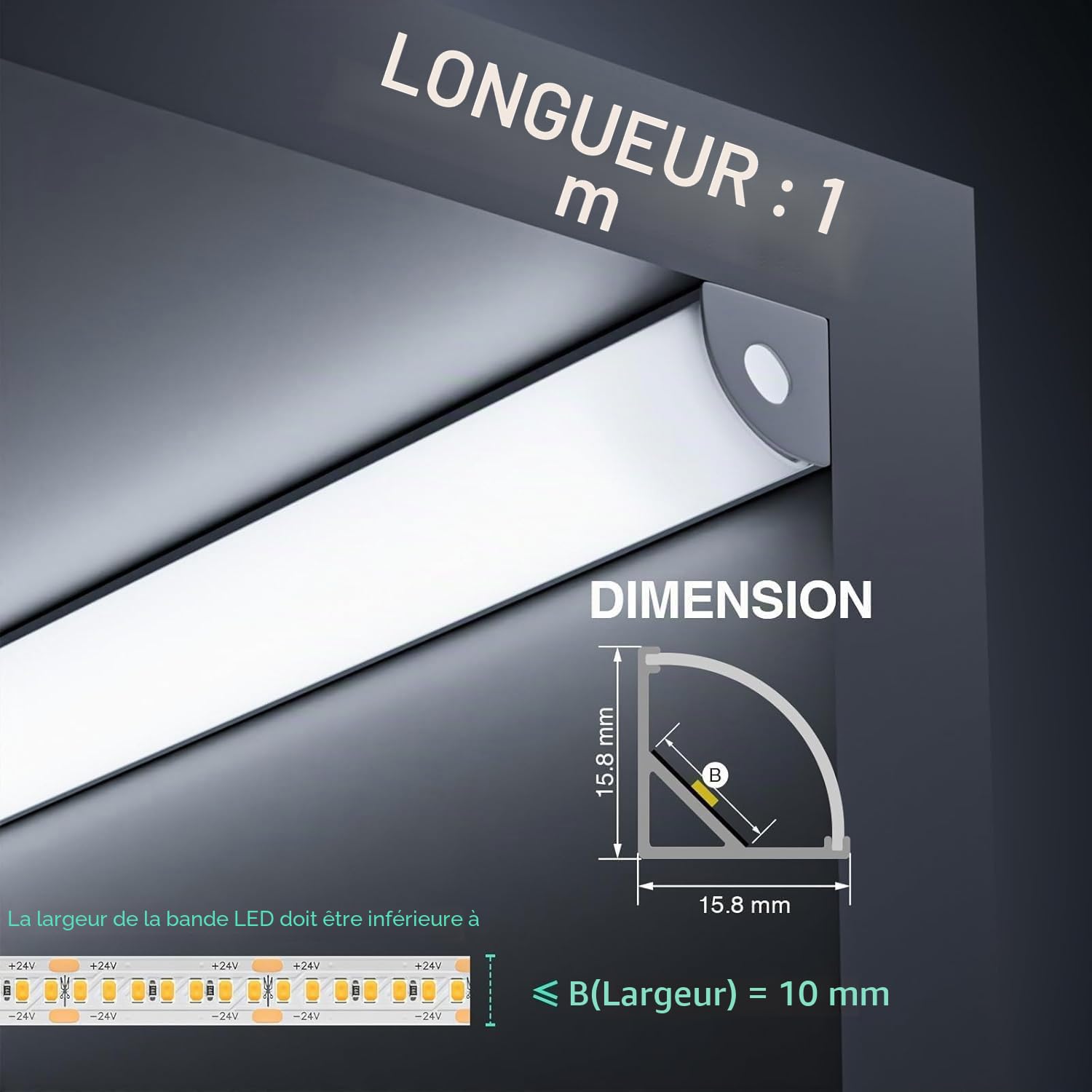 Profilé LED, Profile alu pour ruban 10 × 1mètres，45 degrés en forme de V，avec Couvercle PC Laiteux, Embouts et Clip de Montage pour Bande LED (10pièces × 1m) [Classe énergétique A++]