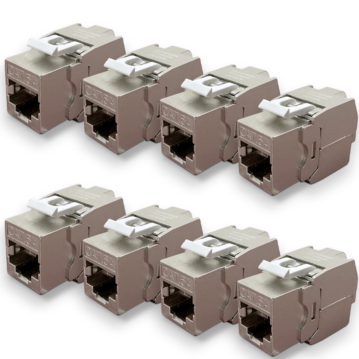 Waytex Lot de 8 Embases Keystone RJ45 Cat6a FTP sans outil – Connecteurs blindés métal zinc nickelé –10 Gbps 500MHz – Blindé FTP – Repérage T568 A/B AWG22 – 26 avec serre-câble