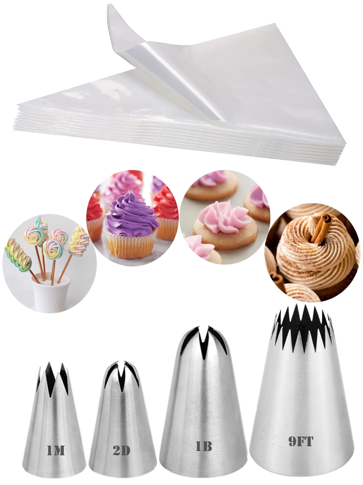 Extra Large Icing Nozzles and Piping Bags, 9FT 1B 2D 1M Piping Nozzle with Bags Disposable,Cake Cupcake Decorating Kit for Pastry