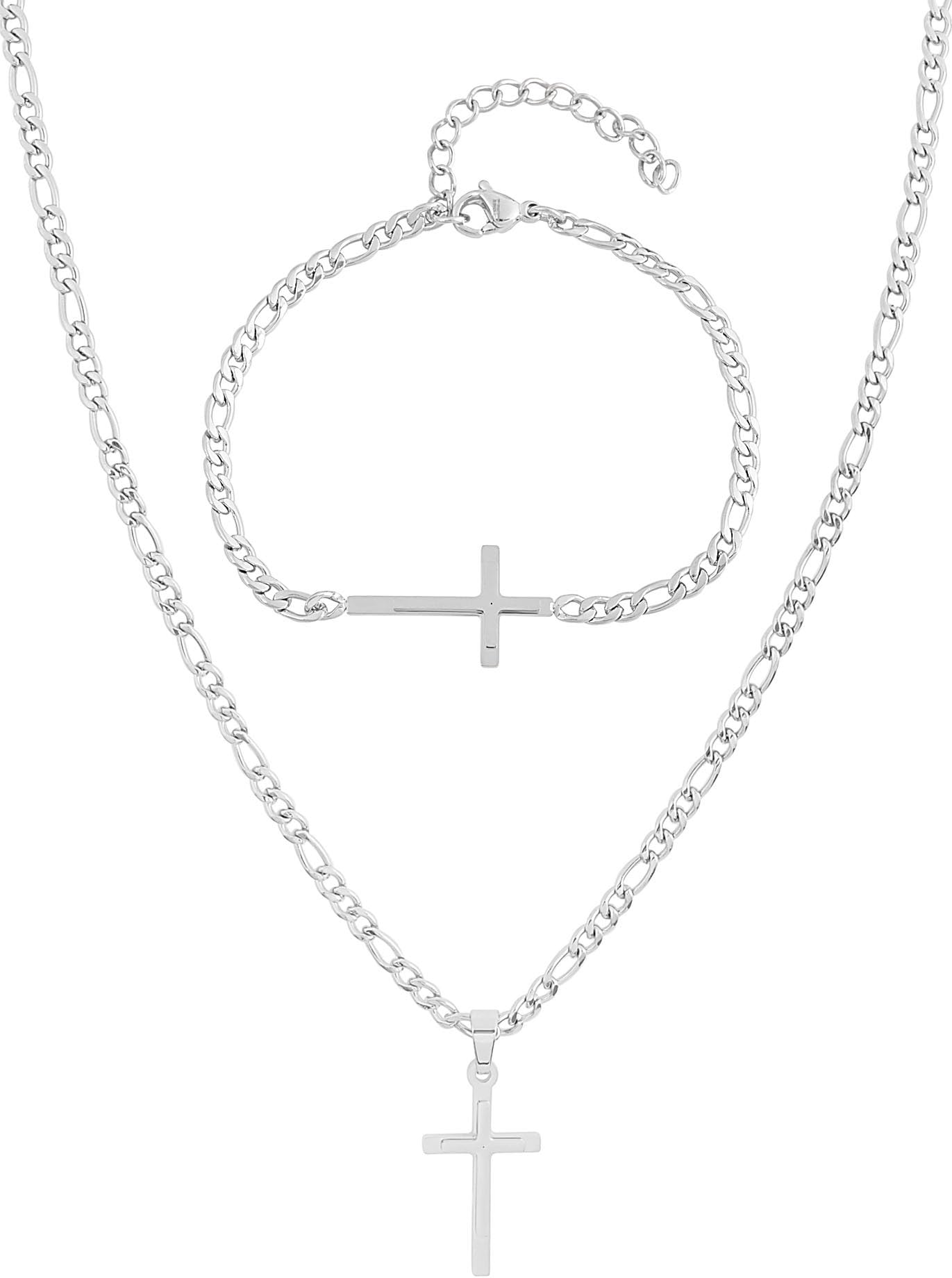 20 inch Figaro Link Chain Cross Necklace and Matching Bracelet, 20"