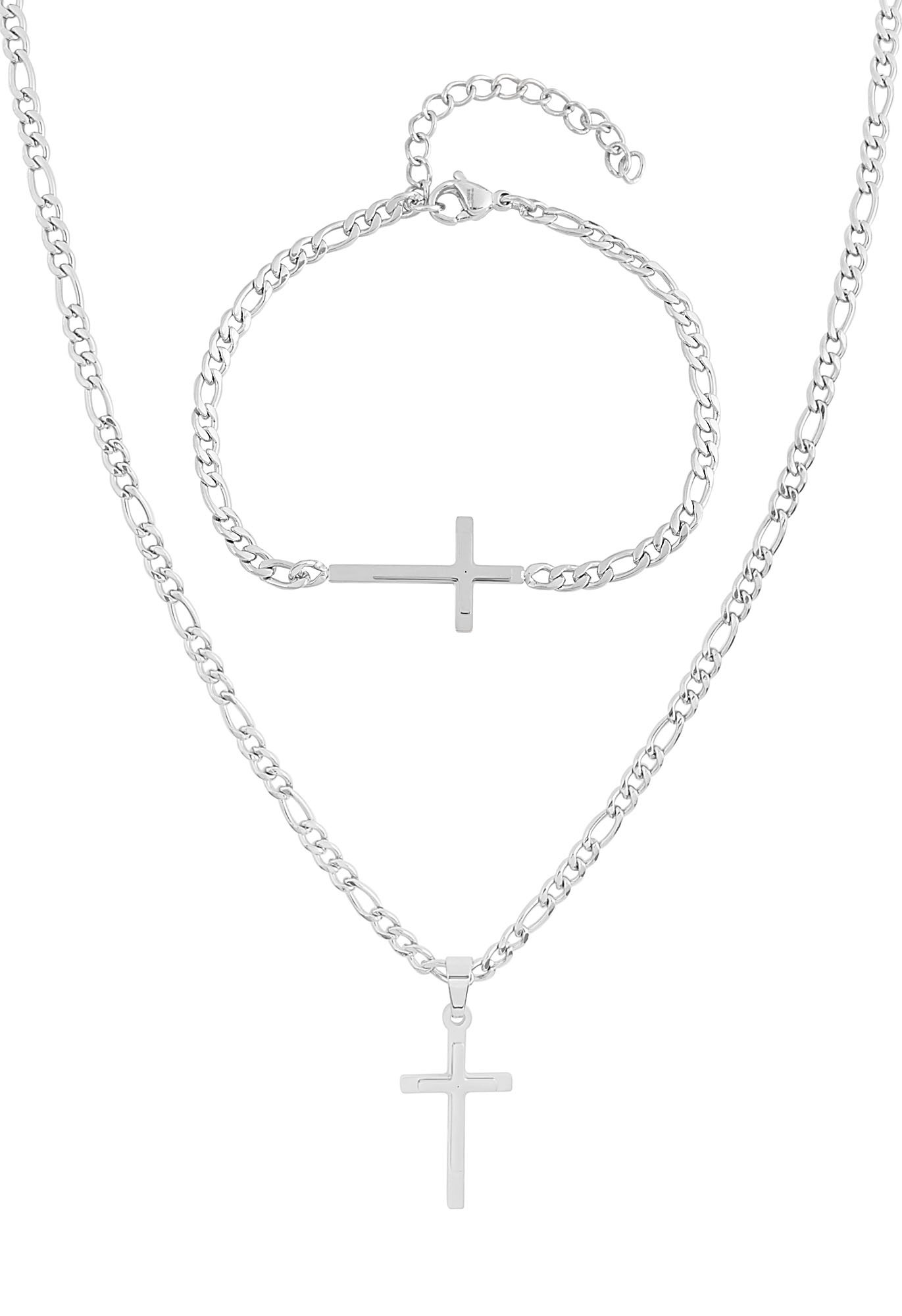 Edforce Stainless SteelStainless Steel Womens Mens 20 inch Figaro Link Chain Cross Necklace and Matching Bracelet, 20"
