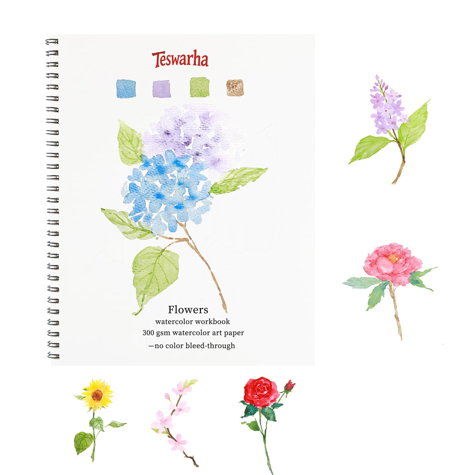 Teswarha Aquarell-Arbeitsbuch mit dickem echtem Baumwoll-Aquarellpapier für Erwachsene und Jugendliche, Spiralbindung, 300 g/m², Kunstpapier, 12 Blatt, Blumen, 20,8 x 24,9 cm