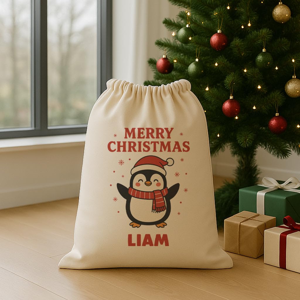 The Gift Project Biege Personalised Penguin Merry Christmas - Christmas Santa Sack