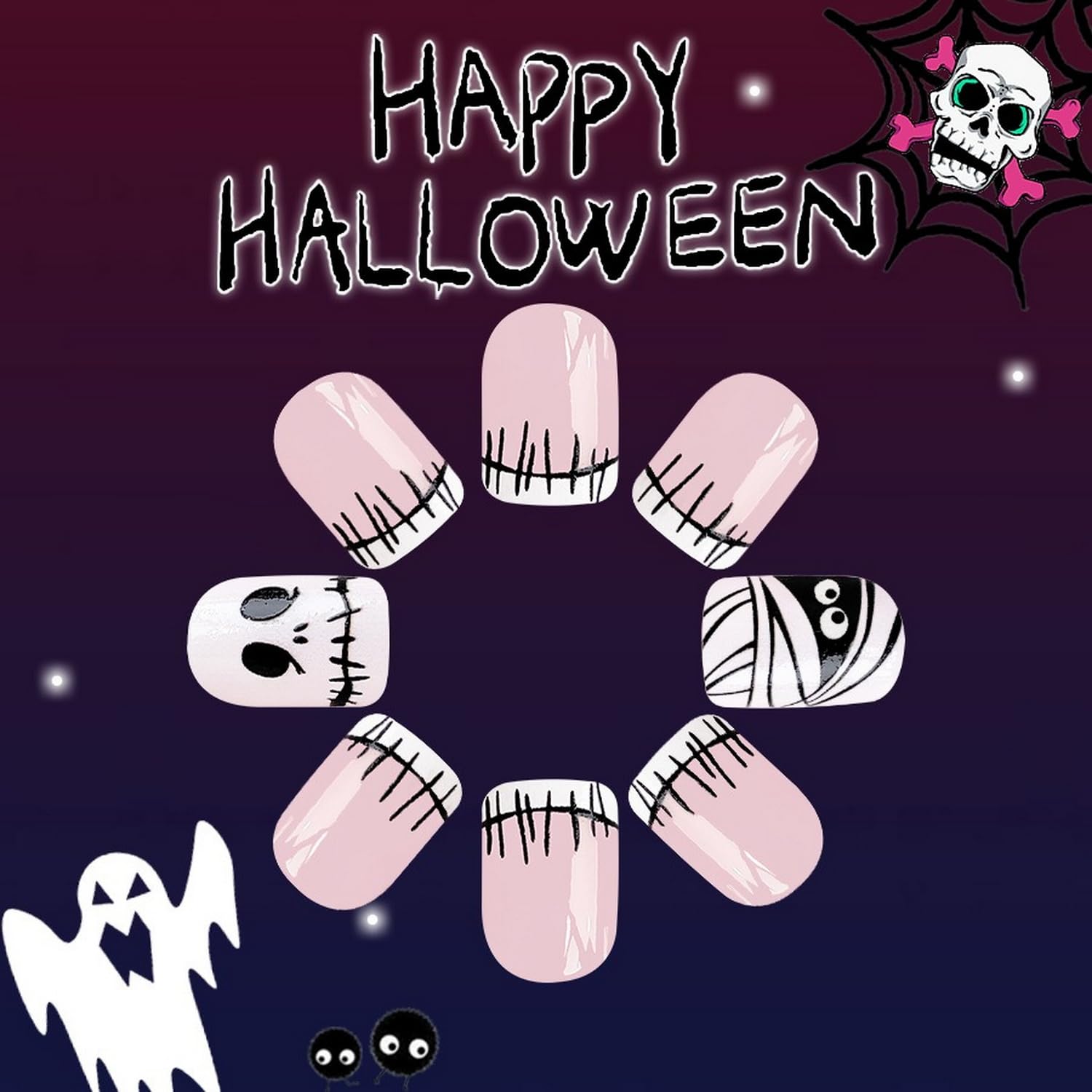 Halloween Press on Nails French Tip Almond Fake Nails Terror Blood False Nail with Acrylic Glue on Nails Medium Artificial Nails Glossy Reusable Halloween Stick on Nails for Women DIY Manicure 24 Pcs: Halloween Style 025