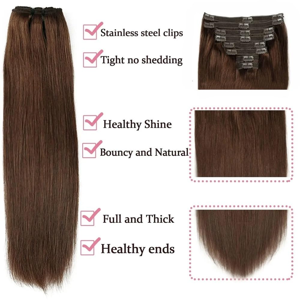 Przedłużanie włosów Ludzkie włosy doczepiane 120 g/zestaw klip w brazylijski ludzki włos proste remy klipsem 16-26 cali 8 szt(Dark Brown,18inches 120g)
