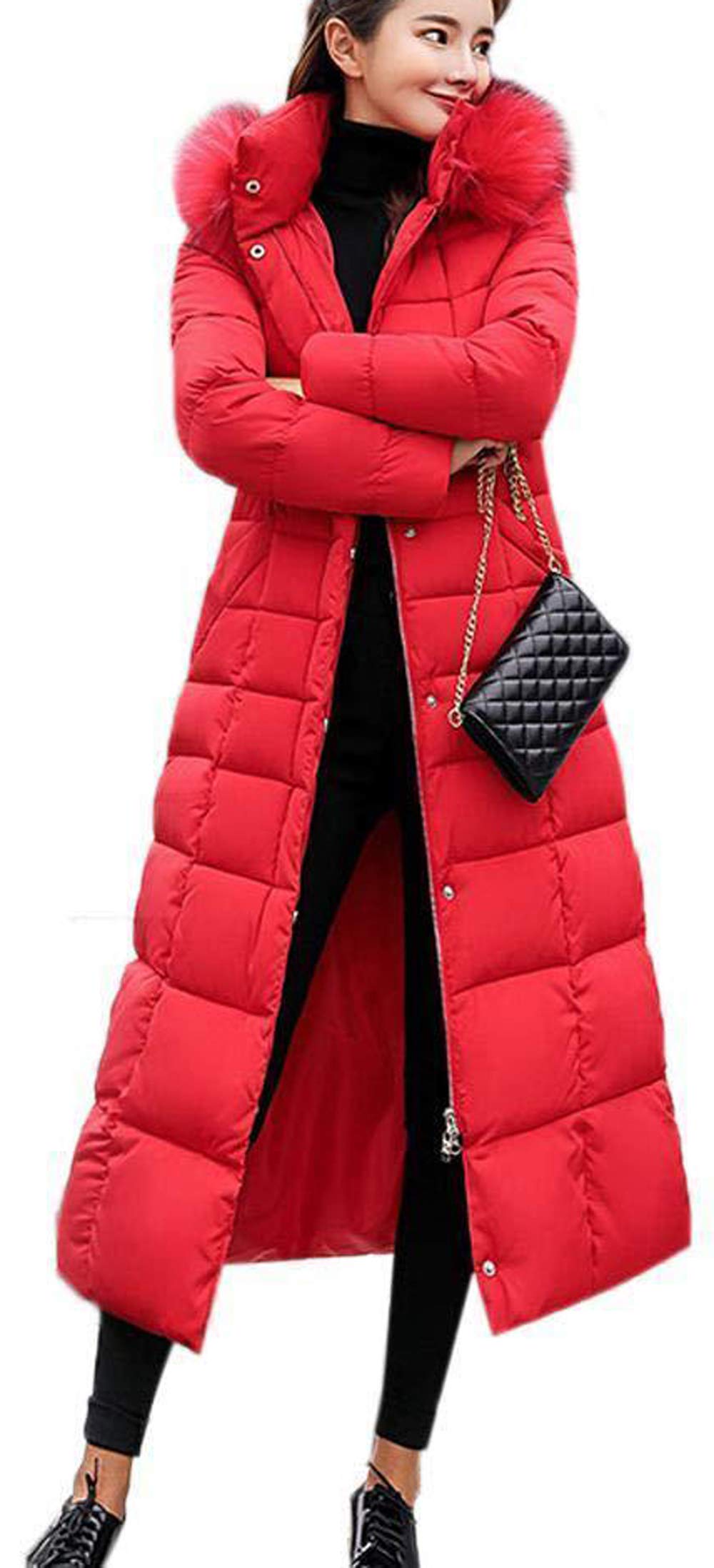 Earnmore Women's Down Jacket Thickened Long Hooded Coat Outerwear Winter Quilted Jacket Puffer Coat Red