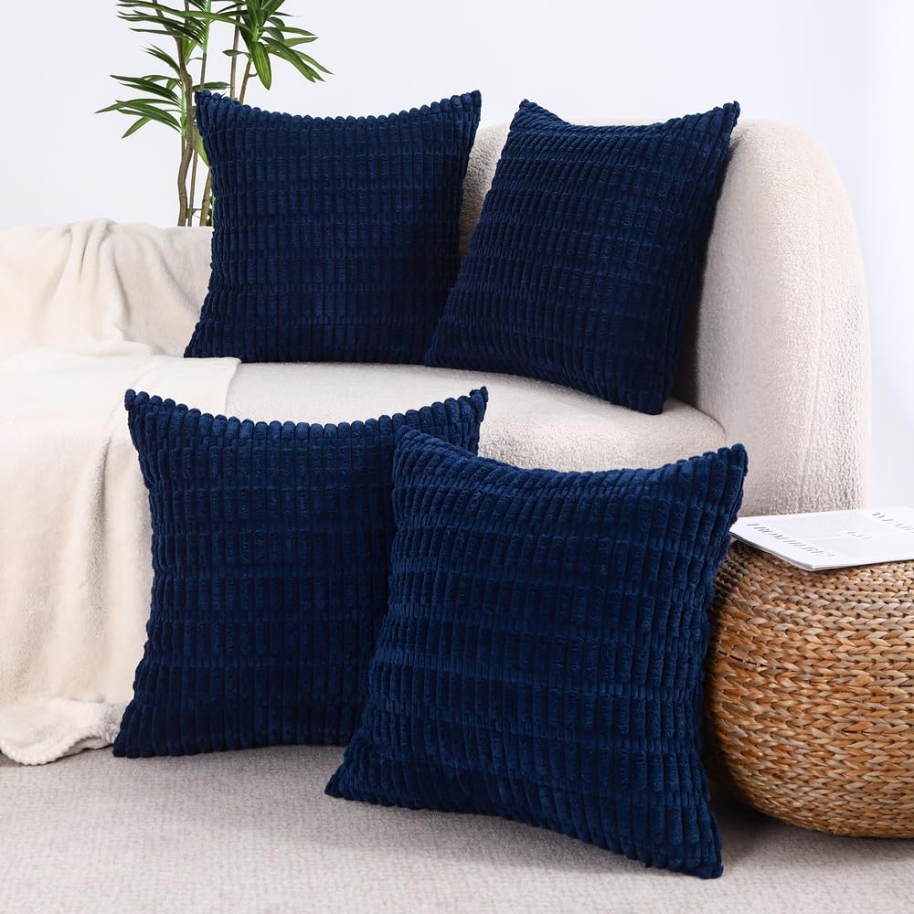 All Smiles Decorative Dustyblue Throw Pillow Covers 26x26 Set of 4 Farmhouse Rustic Home Decor Soft Plush Striped Corduroy Square Cushion Case for