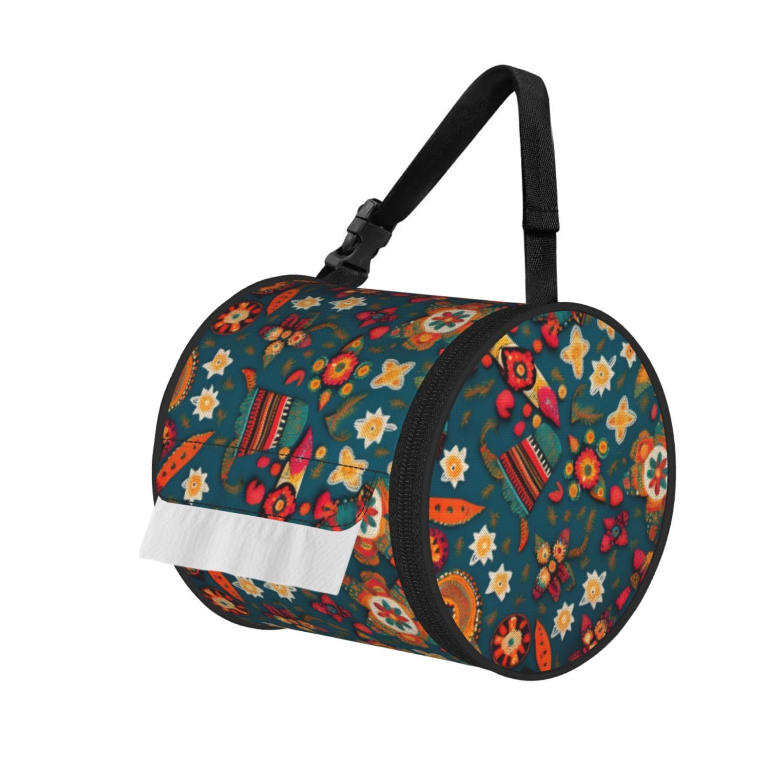 Jiuty Black Mexican Folk Boho Print Cylinder Tissue Organizer Bag With Strap, Portable Toilet Roll Holder For Camping Car