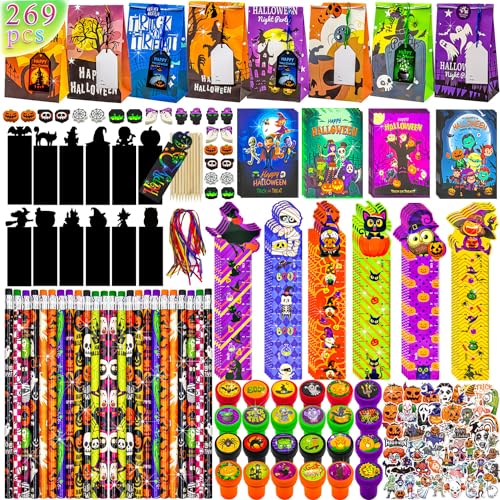 Keenvark 269PCS Halloween Party Favors,24 Pack Halloween Stationery Supplies Set, Halloween Treats Goodie Bags Fillers for kids gifts, Classroom Prizes, Giveaways