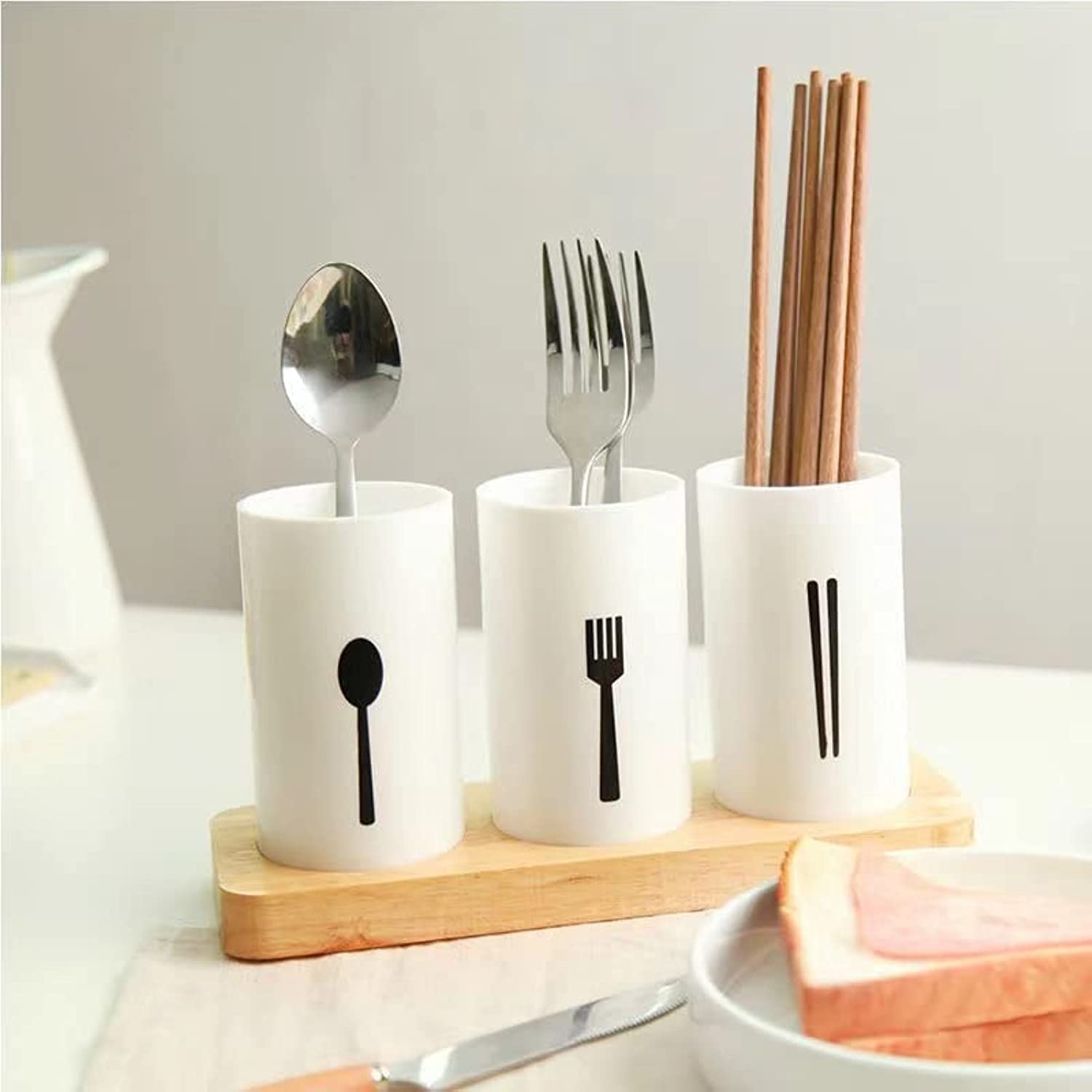 URbazaar Kitchen Utensil Crock Holder,3 Divider Plastic Self Draining Tableware Storage Box,Kitchen Utensils Cutlery Holder, Kitchen Countertop Chopstick Spoon Fork Drainer with Wood Base (A)