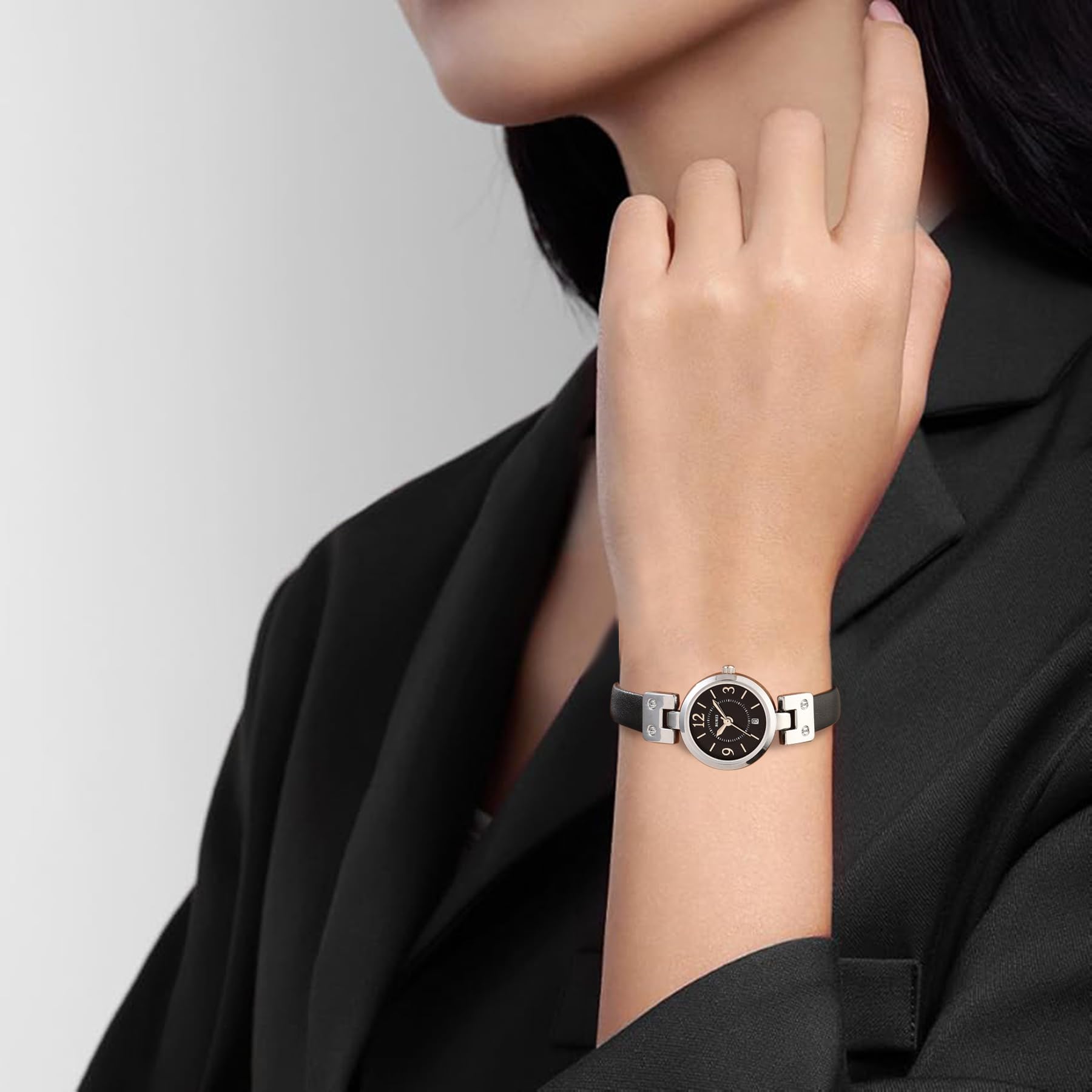 BUREI Orologio al quarzo da donna, 25 mm, quadrante piccolo ed elegante con cinturino in pelle, minimalista, leggero, casual, regalo per la festa della mamma, nero-argento-nero-argento, Casual Nicchia