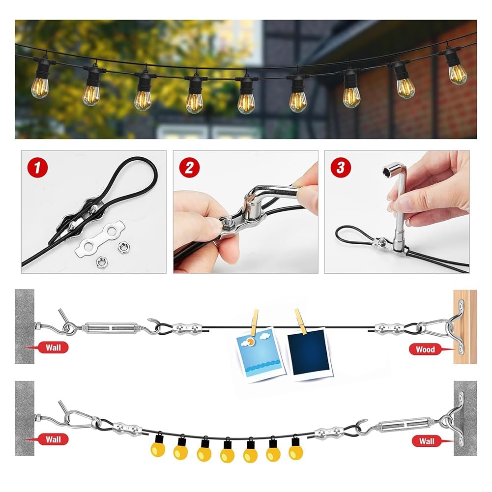 Set zum Aufhängen Von Lichterketten, Lichterkabel für Den Außenbereich, Set zum Aufhängen Von Lichterketten mit Kugeln, 200 Fuß Beschichtetes Kabel Aus Rostfreiem Stahl 304