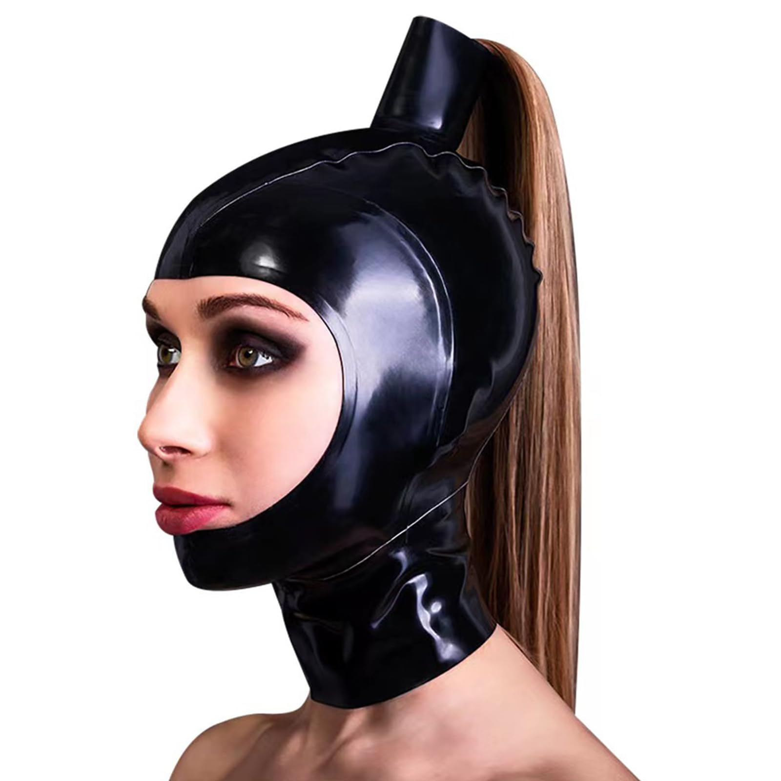 PRLBESL Latex Hood Halloween Full Face Mask with Wig Handmade for BDSM Cosplay Costume Headdress Open Eyes Mouth(Size:S-63CM)