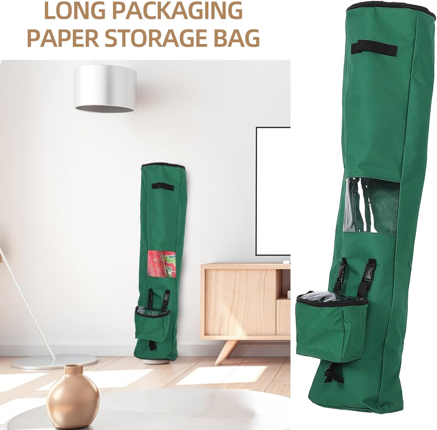 SHINEOFI Wrapping Paper Storage Bag Organizer, Long Hanging Wrap Holder with Multiple Pockets, Foldable Portable Packing Paper Storage for Home and Party Use, Green
